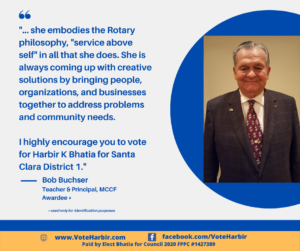 Bob Buchser, Santa Clara teacher and Principal, MCCF Awardee endorses Harbir Bhatia for Santa Clara City Council, District 1